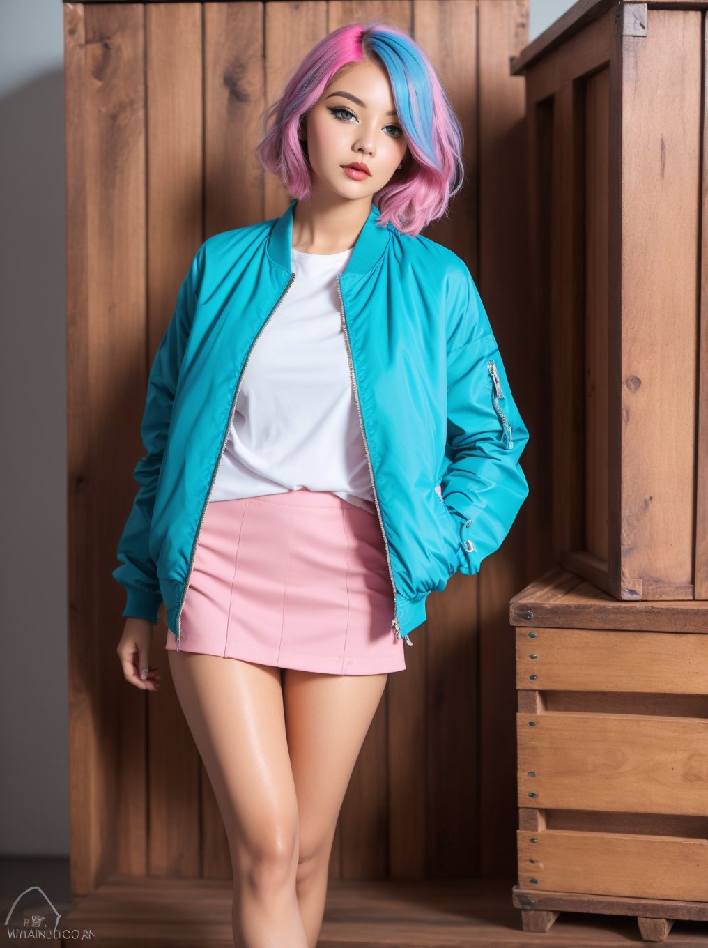 1girl, 22 years old, modeling miniskirt and top, black thighs, (beautiful girl, young executive), (beautiful face with makeup, clean, very clear eyes), (bob haircut, pink and blue hair), standing next to wooden box , red heels, jacket, office, (photo, great quality, clear and clean image, RAW quality).