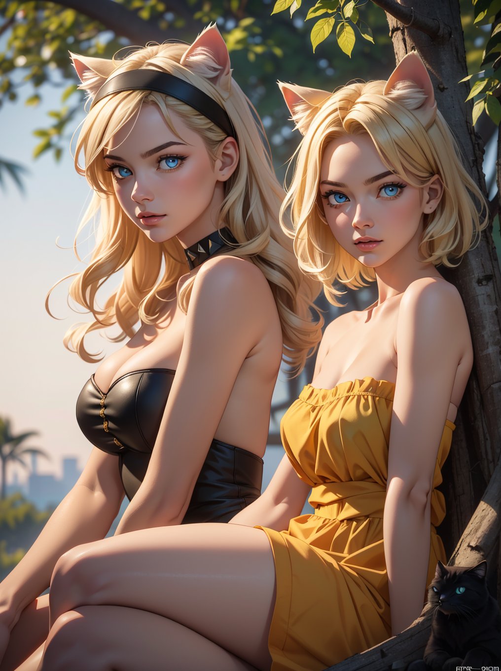 ((RAW photo), absurdities, (absurdresolution)), (front view), score_9, score_8_up, score_7_up, best quality, masterpiece, cute 21 year old blonde, ((realistic eyes, sharp pupil)), beautiful face, headband with cat ears, strapless low-cut yellow dress, sitting on a tree branch, looking at the boys. «Zetaequis»