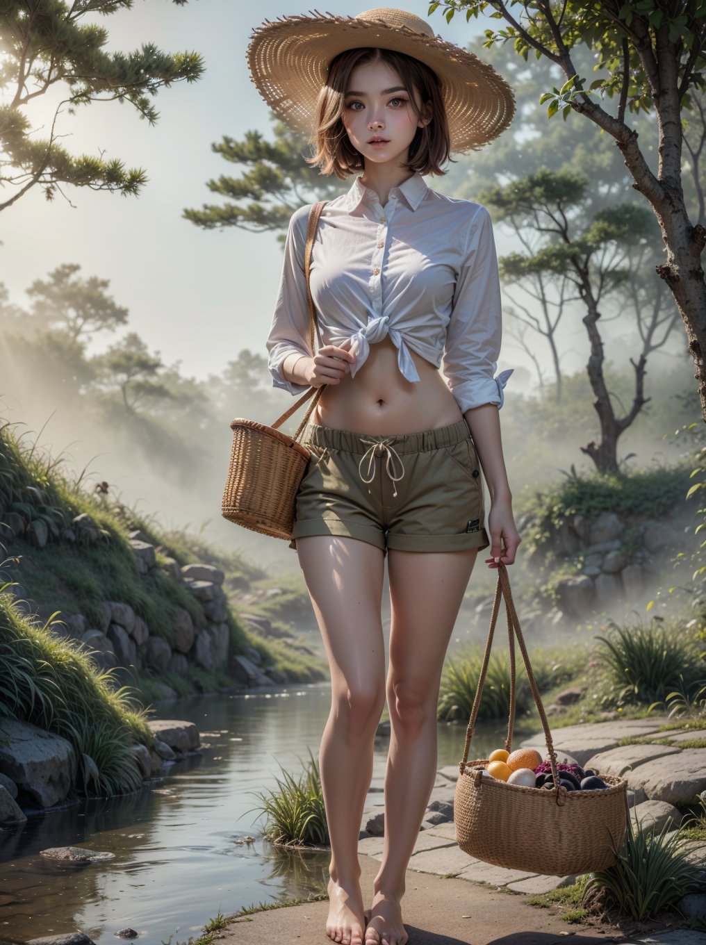 ((RAW photo), absurdities, (absurdresolution)), masterpiece, best quality, (Extremely detailed CG unity 8k wallpaper), (best illustration), (best shadow), Realistic lighting, beautiful detailed glow, ((21 years old, the most beautiful young girl, pretty, innocent face)), (standing looking at viewer, leg slightly bent), (luminous brown hair, royal blue bob cut), (perfect blue pupil, defined, sharp), (((buttoned shirt knotted above the navel, very feminine loose bermuda shorts, khaki color))), ((background: stream with hinoki trees and fog)), (her: barefoot with basket in hand and straw hat, fishing)