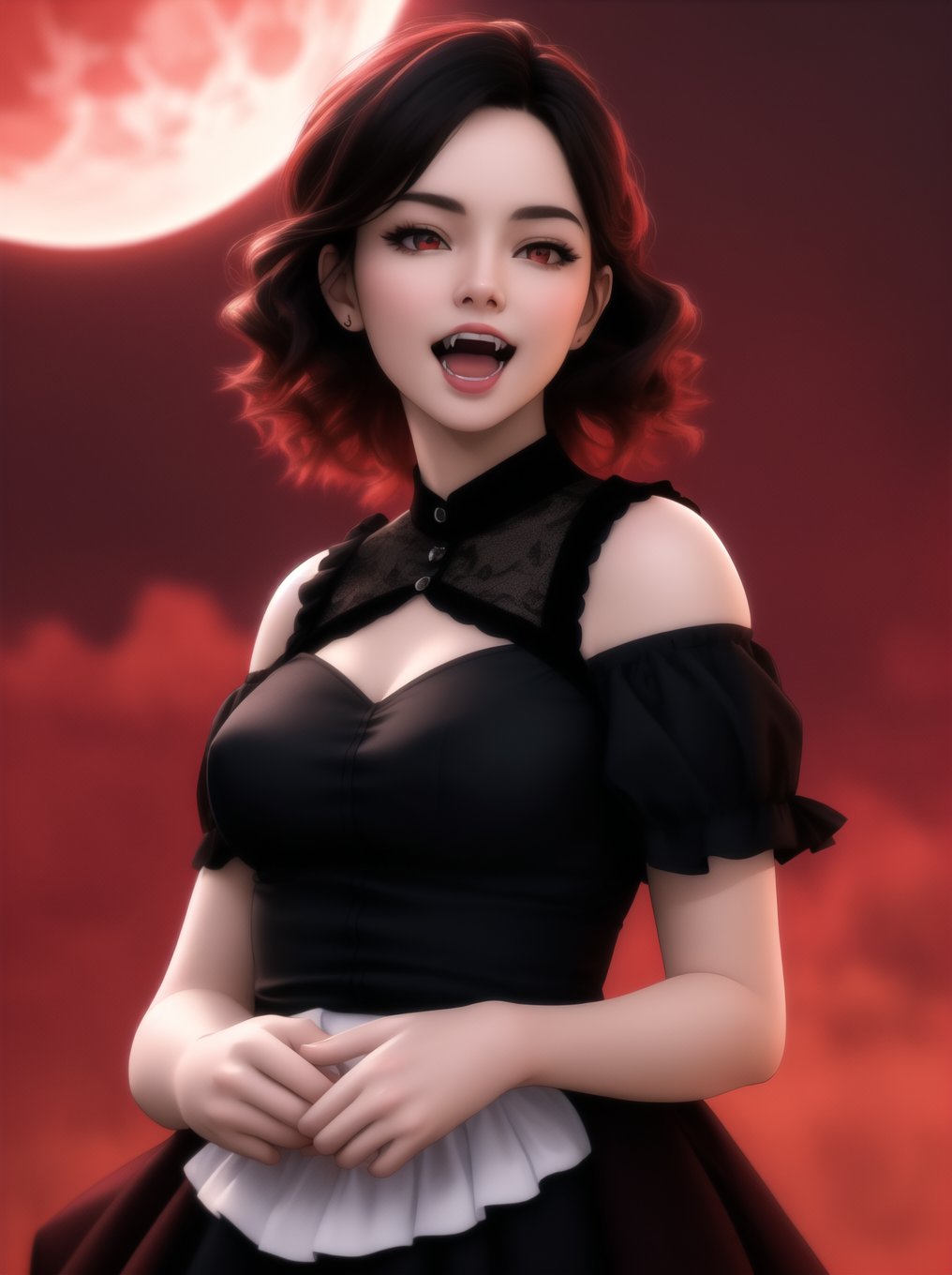 ((masterpiece, best quality, photorealism, RAW quality)), ((detailed)), 1 girl, mature woman, crimson sky, arms at sides, crimson red moon, vampire (red and black shirt: 1.1), dress long two-tone ruffles, soft breeze, open mouth, fangs,