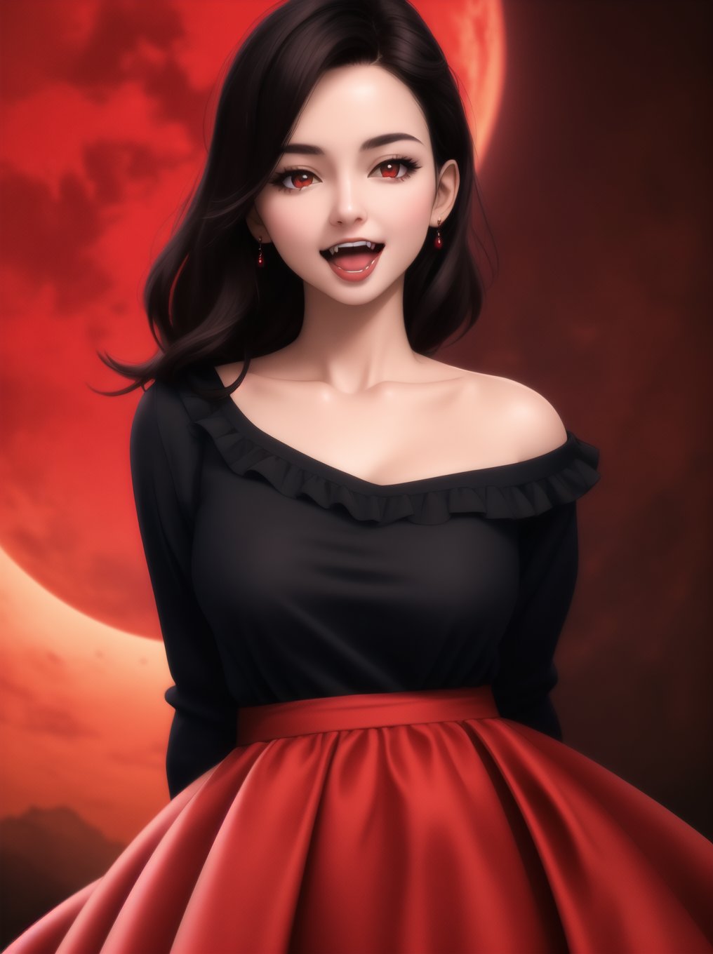 ((masterpiece, best quality, photorealism, RAW quality)), ((detailed)), 1 girl, mature woman, crimson sky, arms at sides, crimson red moon, vampire (red and black shirt: 1.1), dress long two-tone ruffles, soft breeze, open mouth, fangs,