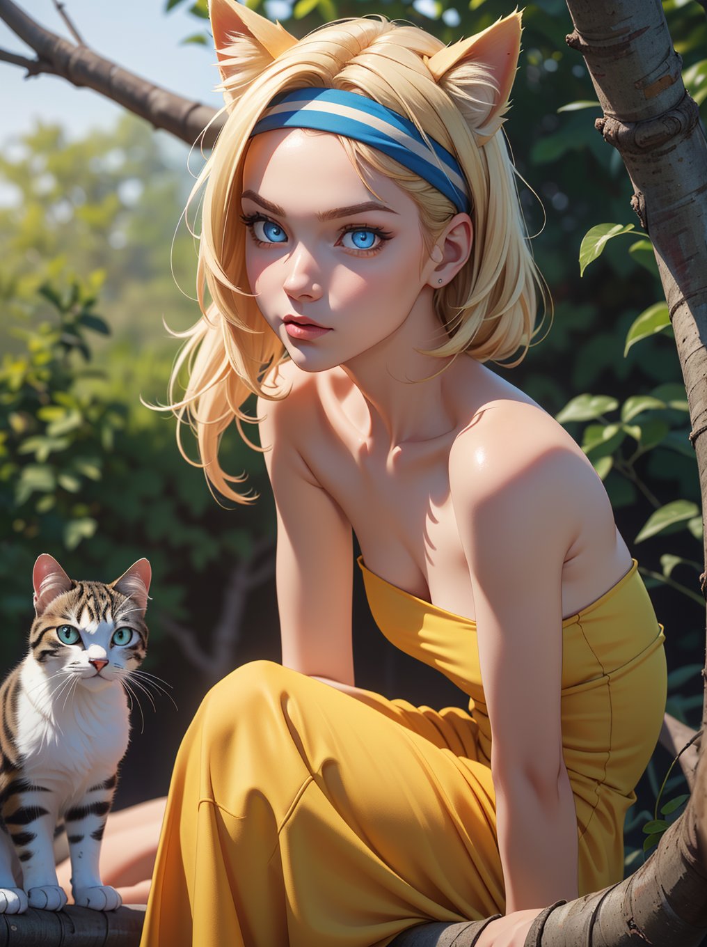 ((RAW photo), absurdities, (absurdresolution)), (front view), score_9, score_8_up, score_7_up, best quality, masterpiece, cute blonde, ((realistic eyes, sharp pupil)), beautiful face, headband with cat ears, strapless low-cut yellow dress, sitting on a tree branch, looking. «Zetaequis»