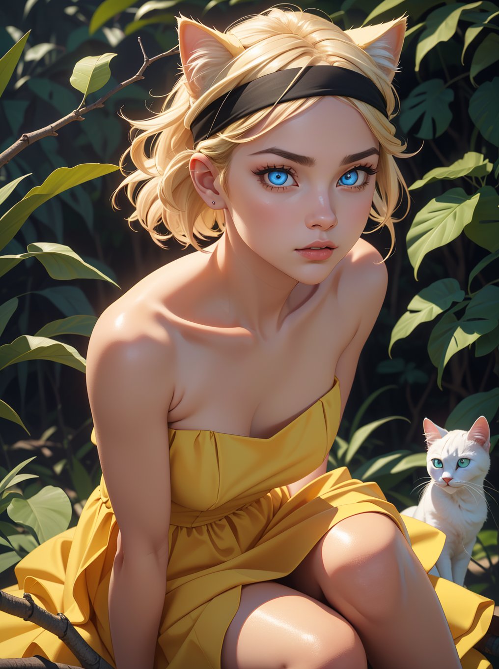 ((RAW photo), absurdities, (absurdresolution)), (front view), score_9, score_8_up, score_7_up, best quality, masterpiece, cute blonde, ((realistic eyes, sharp pupil)), beautiful face, headband with cat ears, strapless low-cut yellow dress, sitting on a tree branch, looking. «Zetaequis»