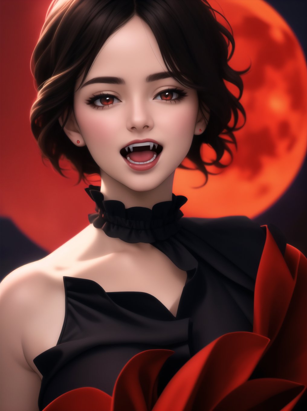 ((masterpiece, best quality, photorealism, RAW quality)), ((detailed)), 1 girl, mature woman, crimson sky, arms at sides, crimson red moon, vampire (red and black shirt: 1.1), dress long two-tone ruffles, soft breeze, open mouth, fangs,