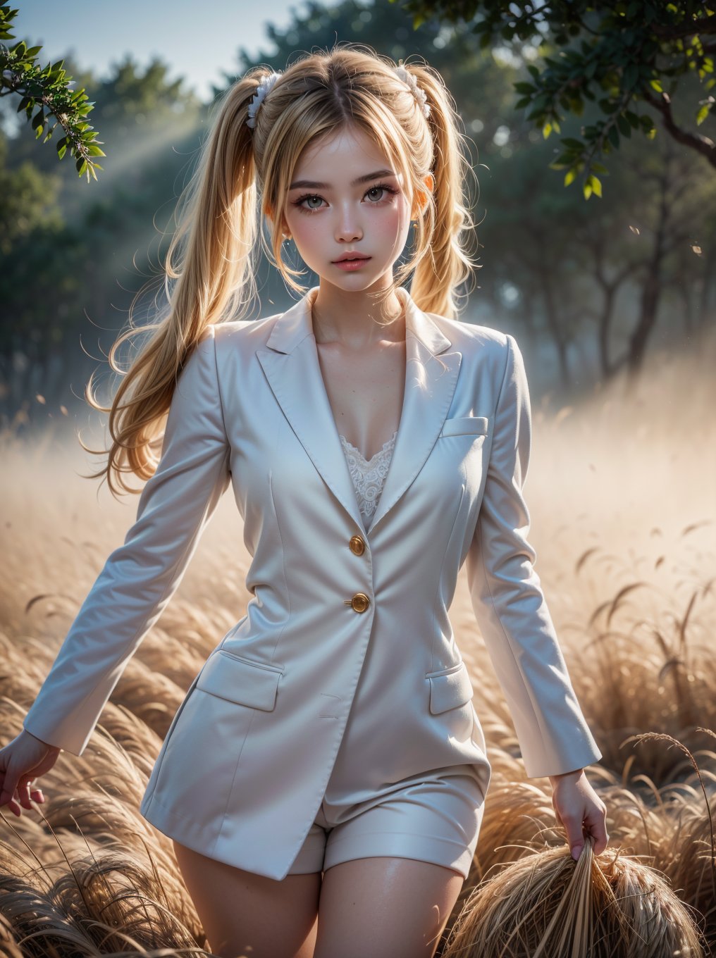 ((RAW photo), absurd, (absurdresolution)), masterpiece, best quality, (Extremely detailed 8k unity CG wallpaper), (best illustration), (best shadow), Realistic lighting, beautiful detailed glow, ((21 years old, the most beautiful young girl, beautiful, innocent face)), (standing looking at viewer, leg slightly bent), (luminous golden blonde hair, two big buns, long pigtails), (perfect blue pupil, defined, sharp), (((lord luna, very feminine formal suit, straw color))), ((background: hinoki trees and fog)), (her: dynamic pose of transformation to lord luna)