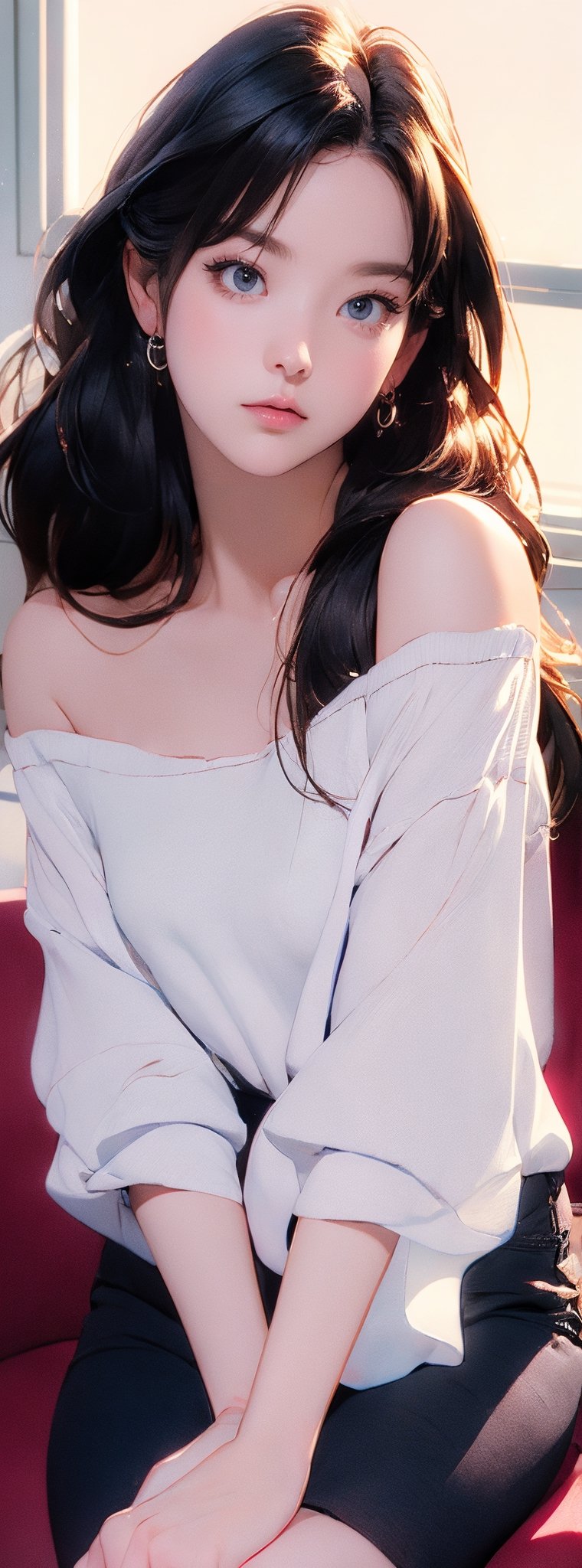 A beautiful Korean girl, wearing a white shirt, one shoulder, sitting on an office chair, holding her cheek with one hand, black super long hair, clear hair, tired expression, looking at the camera lazily, super wide angle, backlight, Light and dark effects, realistic style,