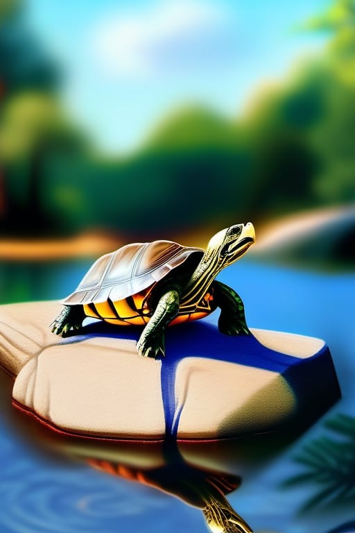 turtle calmly basking in the sun on a big rock beside a river, realistic, cute, red ear slider