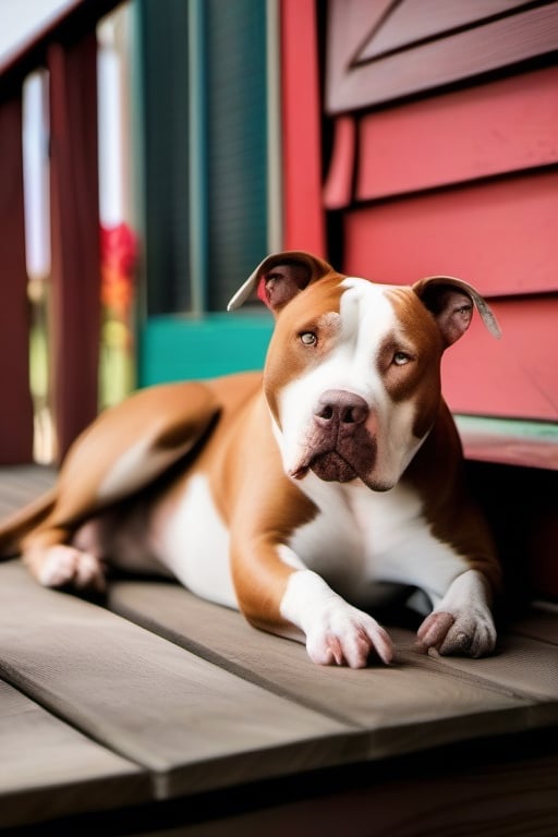 pitbull laying beside a rooster on a wooden porch, dog is panting