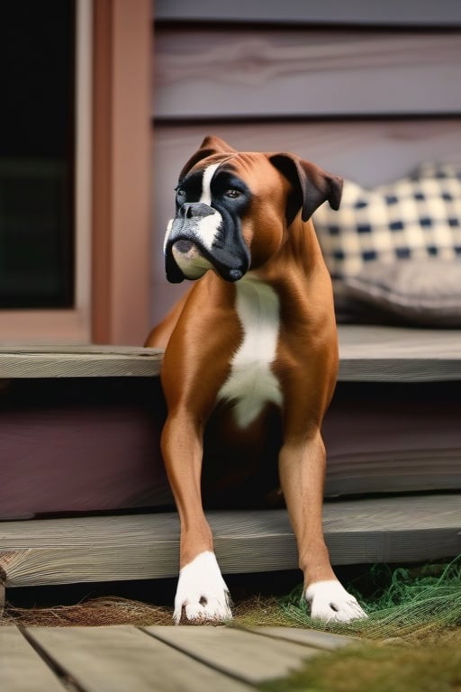 boxer laying beside a rooster on a wooden porch, dog is panting