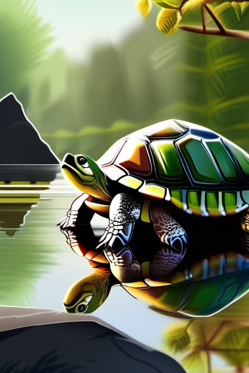 turtle calmly basking in the sun on a big rock beside a river, realistic