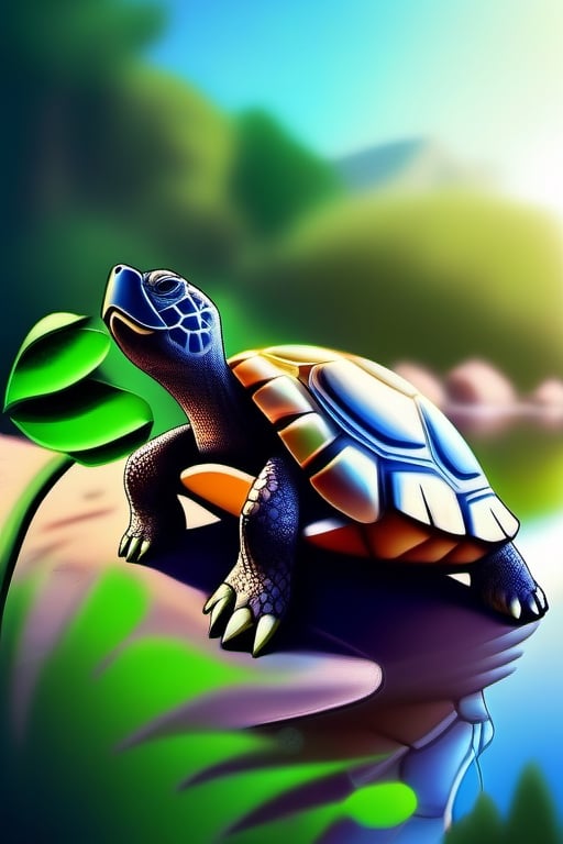 turtle calmly basking in the sun on a big rock beside a river, realistic, cute_fangs