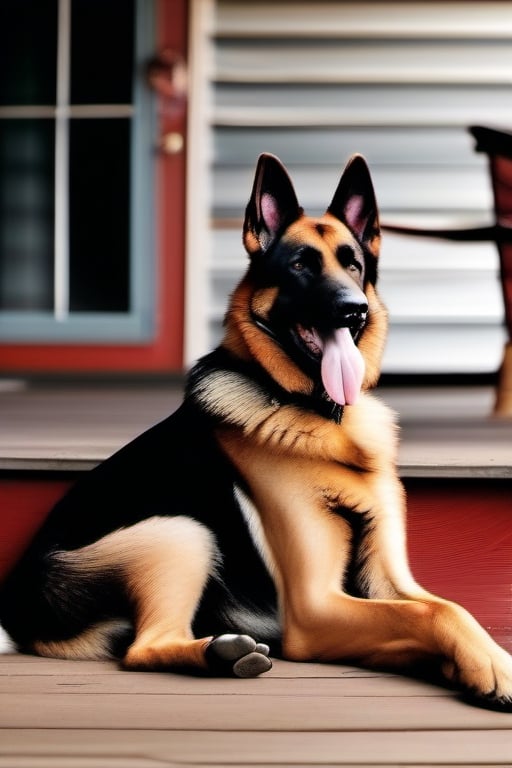 german shepared laying beside a rooster on a wooden porch, dog is panting