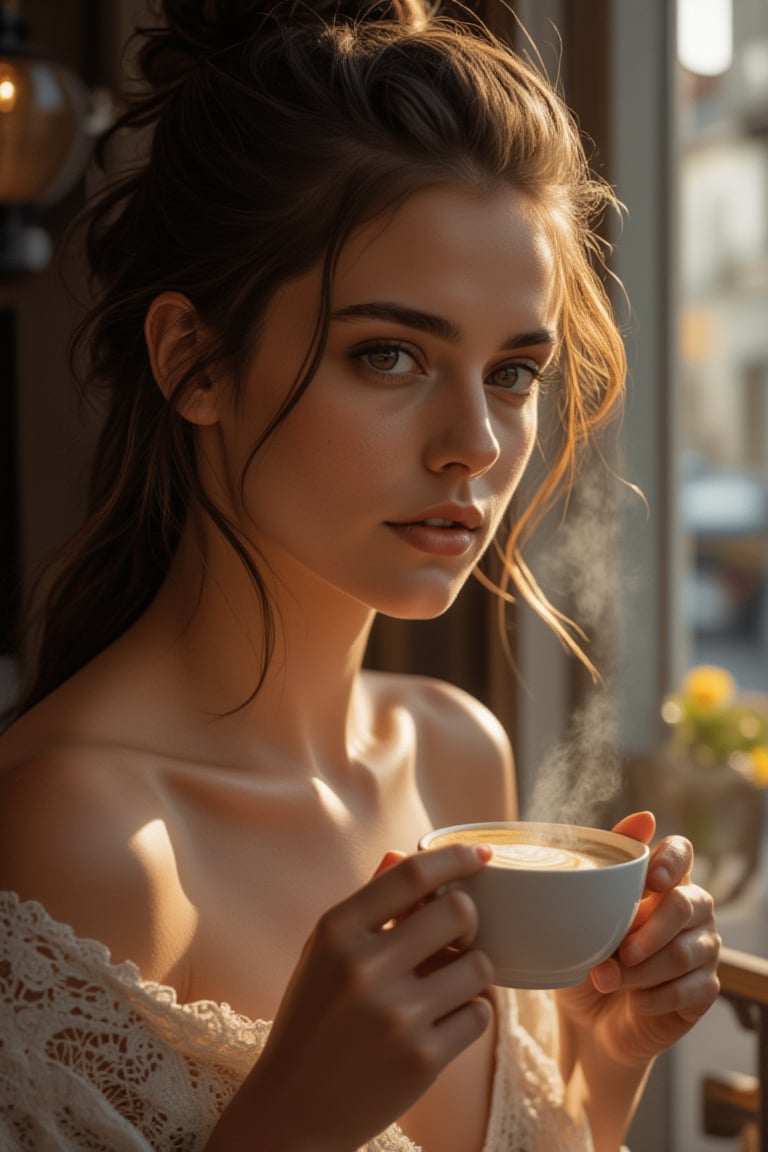 1girl, beautiful sexy woman drinking a steaming  cup of coffe