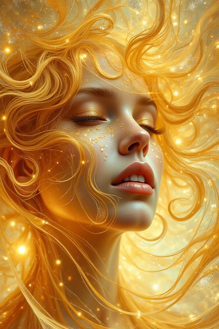 close-up portrait of an ethereal woman of flowing honey and filigree silk, gold palette, gold shimmering, papercut, watercolor, surreal gold flowing honey texture, gold smoke, fractals