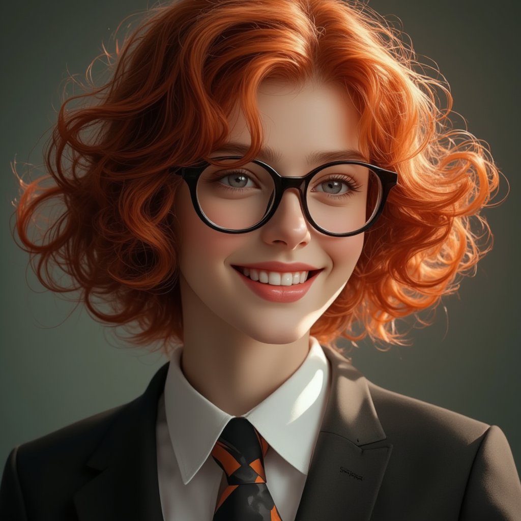 A beautiful and charming 15-year-old smiling girl wearing large glasses, with short curly red hair framing her beautiful face. She wears a school uniform, beautiful macro photography, ultra-detailed, intricate details all A perfect interpretation of Rococo art. The girl is smiling happily and dancing wonderfully. fantasy lighting