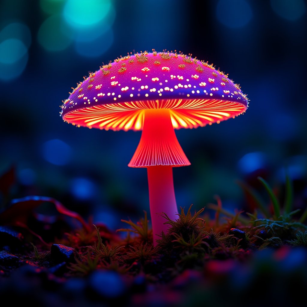 Closeup photo of a luminescent, beautiful, psychedelically colored rain forest mushroom, low camera angle, blurry background, rule of thirds, perfect composition, complimentary colors