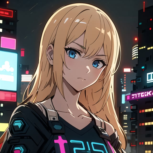 1girl, solo, long hair, bangs, blue eyes, blonde hair, shirt, black hair, closed mouth, collarbone, upper body, multicolored hair,  outdoors, two-tone hair, blue shirt, city, cyberpunk, night,cool