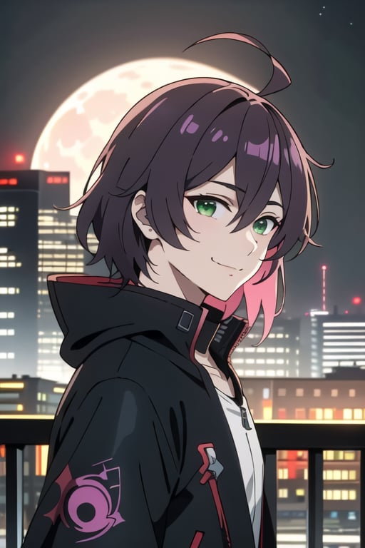 solo, looking at viewer, smile, bangs, 1boy, hair between eyes, closed mouth, green eyes, jacket, upper body, pink hair, purple hair, ahoge, male focus, outdoors, sky, virtual youtuber, from side, black jacket, night, moon, building, night sky, high collar, city,King_09,cool,souma_shiki,doomerboy,zzfutbikzz