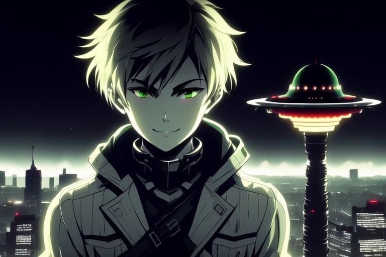 solo, smile, short hair, bangs, brown hair, black hair, long sleeves, 1boy, closed mouth, green eyes, jacket, upper body, male focus, grey background, green jacket, city, cyberpunk,cool, saturn, night, ufo