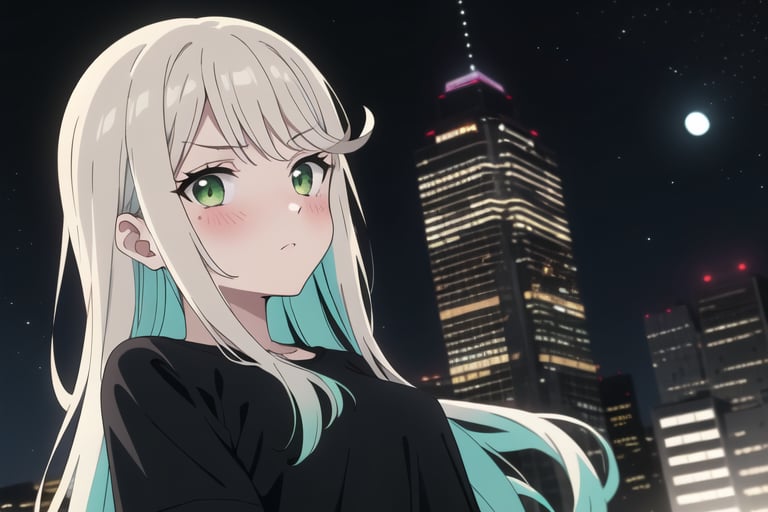 1girl, solo, long hair, looking at viewer, blush, bangs, green eyes, white hair, shirt, green hair, hair ornament, closed mouth, upper body, short sleeves, multicolored hair, outdoors, sky, black shirt, night, building, night sky, city, comet