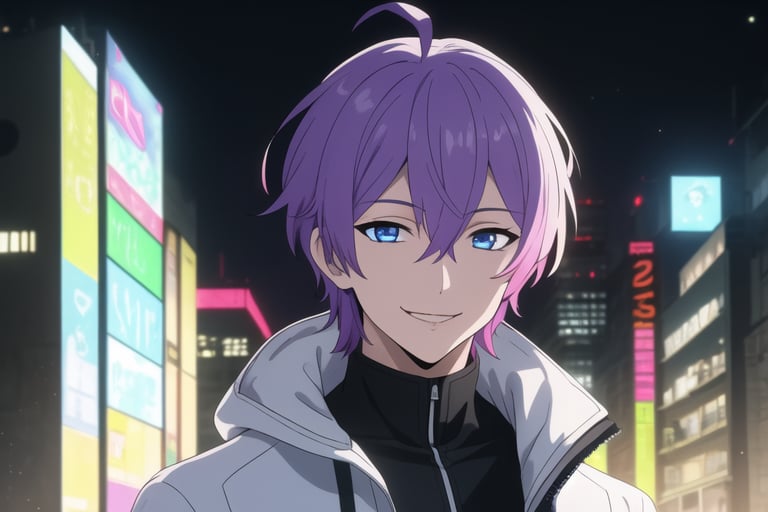 solo, looking at viewer, smile, bangs, shirt, purple hair, 1boy, hair between eyes, blue eyes, jacket, upper body, ahoge, male focus, multicolored hair, outdoors, white jacket, night, building, cyberpunk, smile