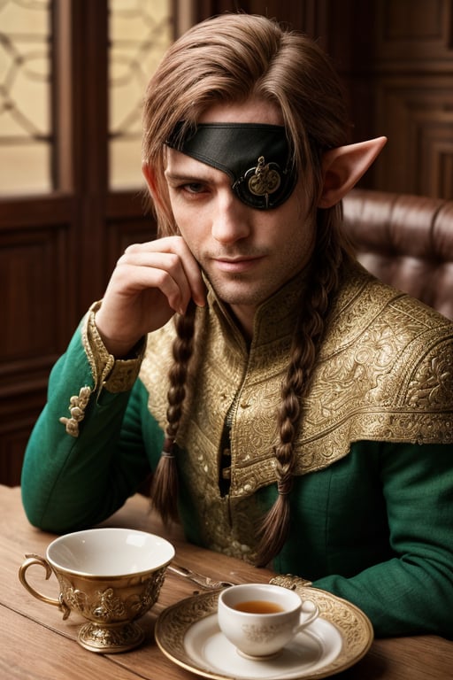 score_7_up, Realistic full photo, ((full body)), slender body, male elf, elven features, 40 yers old male elf, ((facial stubble)), toned, perfect eyes, green eyes, sunkissed skin, ((eyepatch covering her right eye)), brown and red hair tied back with braids, discret smile, dynamic, wearing golden and black noble outfit, fantasy castle interior, drinking tea in a elegante cup , sitting in front a ornate table, highly detailed, pose, photorealistic, sharp focus, Fantasy, eyepatch, Masterpiece