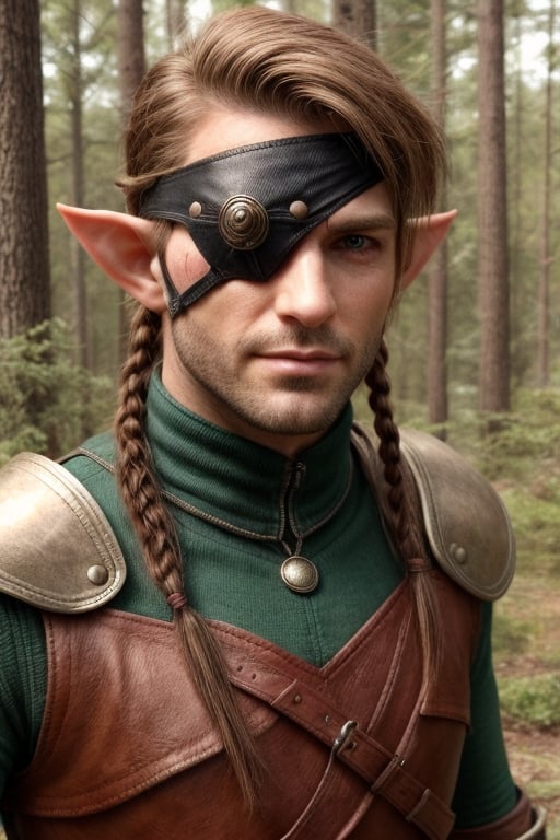 score_7_up, Realistic full photo, (full body), male elf, elven features, 40 yers old male elf, ((facial stubble)), toned, perfect eyes, green eyes, sunkissed skin, ((eyepatch covering her right eye)), brown and red hair tied back with braids, discret smile, dynamic, wearing brown and grey leather armor, background forest, holding a elfic knife, highly detailed, pose, photorealistic, sharp focus, Fantasy, eyepatch, Masterpiece