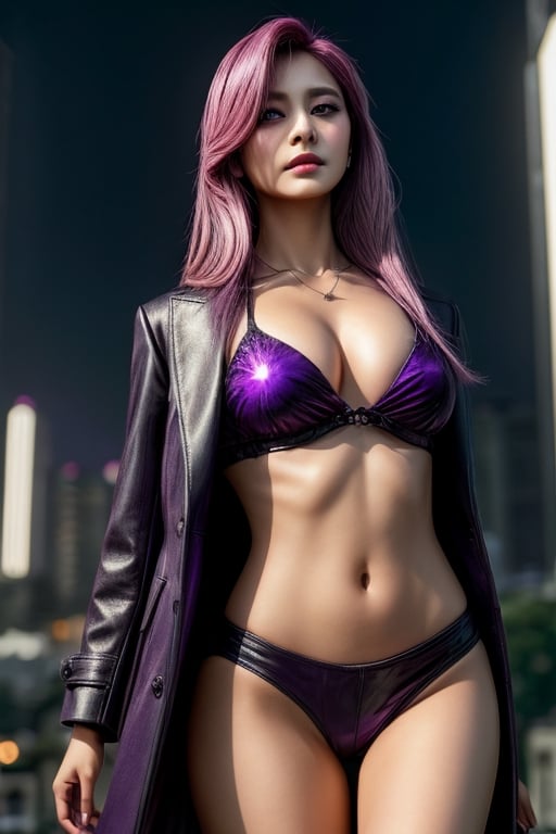 score_7_up, Realistic full photo, full body, Black haired woman, ((pink hair tones)), ((purple hair tones)), long hair, fluttering hair, in full growthin beautiful young 18 years old, beautiful, makeup, elegant, neckless, earing, backgroud night city with lights, wearing a black and purple gymnastic suit, black leather overcoat, sunglasses, ((levitating above ground)), pose, photorealistic,Tzuyu, pose, photorealistic,Tzuyu, detailed face, whole body, trending on artstation, sharp focus, studio photo, intricate details, highly detailed, more detail XL, hyper detailed, realistic, oil painting,, cinematic lighting, detailed face, whole body, photo of perfecteyes eyes, sexy pose), masterpiece, UHD, realism, realistic, depth of field, wide view, raytraced, full length body, mystical, luminous, high resolution, sharp details, translucent, beautiful