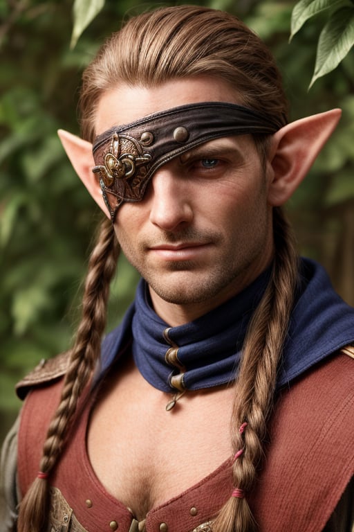 score_7_up, Realistic full photo, (full body), male elf, elven features, 40 yers old male elf, ((facial stubble)), toned, perfect eyes, sunkissed skin, ((eyepatch covering her right eye)), brown and red hair tied back with braids, discret smile, dynamic, wearing green medieval noble outfit, ((leafs stamped in outfit)), background medieval tavern, dancing, highly detailed, pose, photorealistic, sharp focus, Fantasy, eyepatch, Masterpiece
