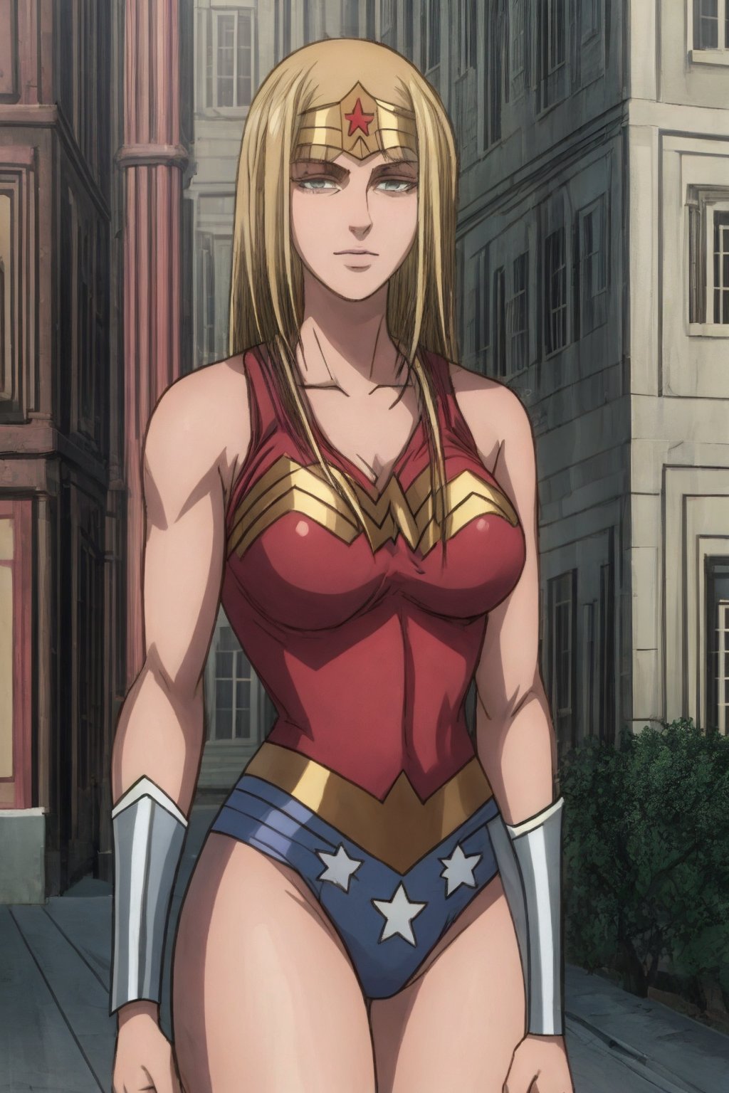 1 girl, alone, a city, on the street, masterpiece, very detailed, blonde, long hair Lora de Ymir, soft smile, wearing, the costume, wonder woman,wonder2, big breasts, 