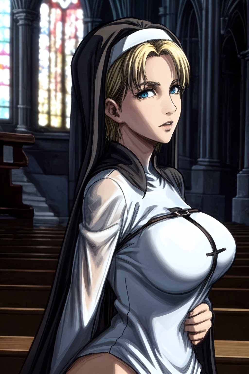 masterpiece, very detailed, nanaba, 1 girl, in a church, dressed as a nun, large breasts, short blonde hair shaved on the sides, mature woman, dressed as a black or white nun, blue eyes, Def versia*