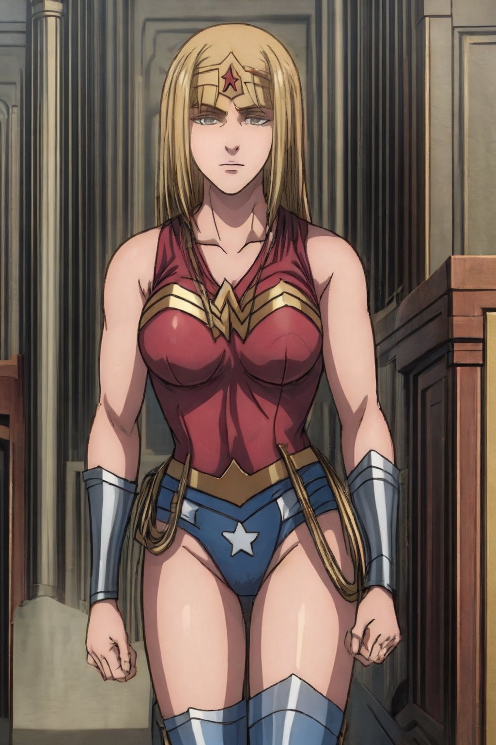 1 girl, alone, city, masterpiece, very detailed, blonde, long hair Lora de Ymir, soft smile, wearing, the costume, wonder woman,wonder2, big breasts, sword in right fist