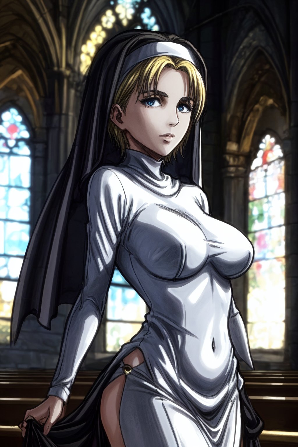 masterpiece, very detailed, nanaba, 1 girl, in a church, dressed as a nun, large breasts, short blonde hair shaved on the sides, mature woman, dressed as a black or white nun, blue eyes, Def versia*