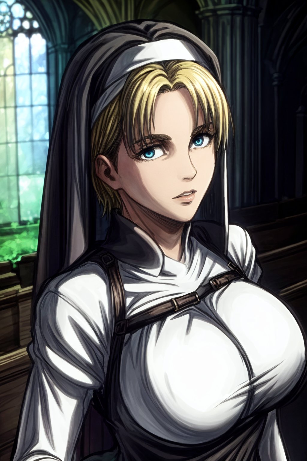 masterpiece, very detailed, nanaba, 1 girl, in a church, dressed as a nun, large breasts, short blonde hair shaved on the sides, mature woman, dressed as a black or white nun, blue eyes, Def versia*