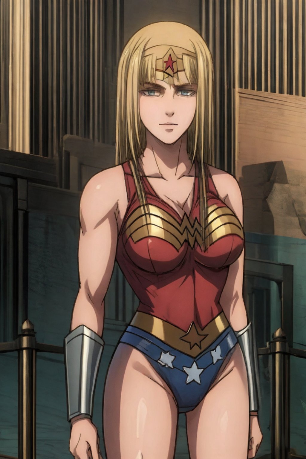 1 girl, alone, city, masterpiece, very detailed, blonde, long hair Lora de Ymir, soft smile, wearing, the costume, wonder woman,wonder2, big breasts, 