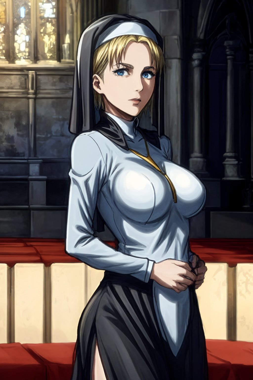 masterpiece, very detailed, nanaba, 1 girl, in a church, dressed as a nun, large breasts, short blonde hair shaved on the sides, mature woman, dressed as a nun, dressed in white or black, blue eyes, Def versia*,