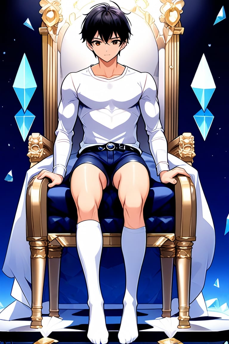 boy, black hair, brown eyes, white long-sleeved shirt, dark blue jean shorts, wearing short white stockings, slim muscles, sitting on a throne made of diamond with legs crossed, anime
