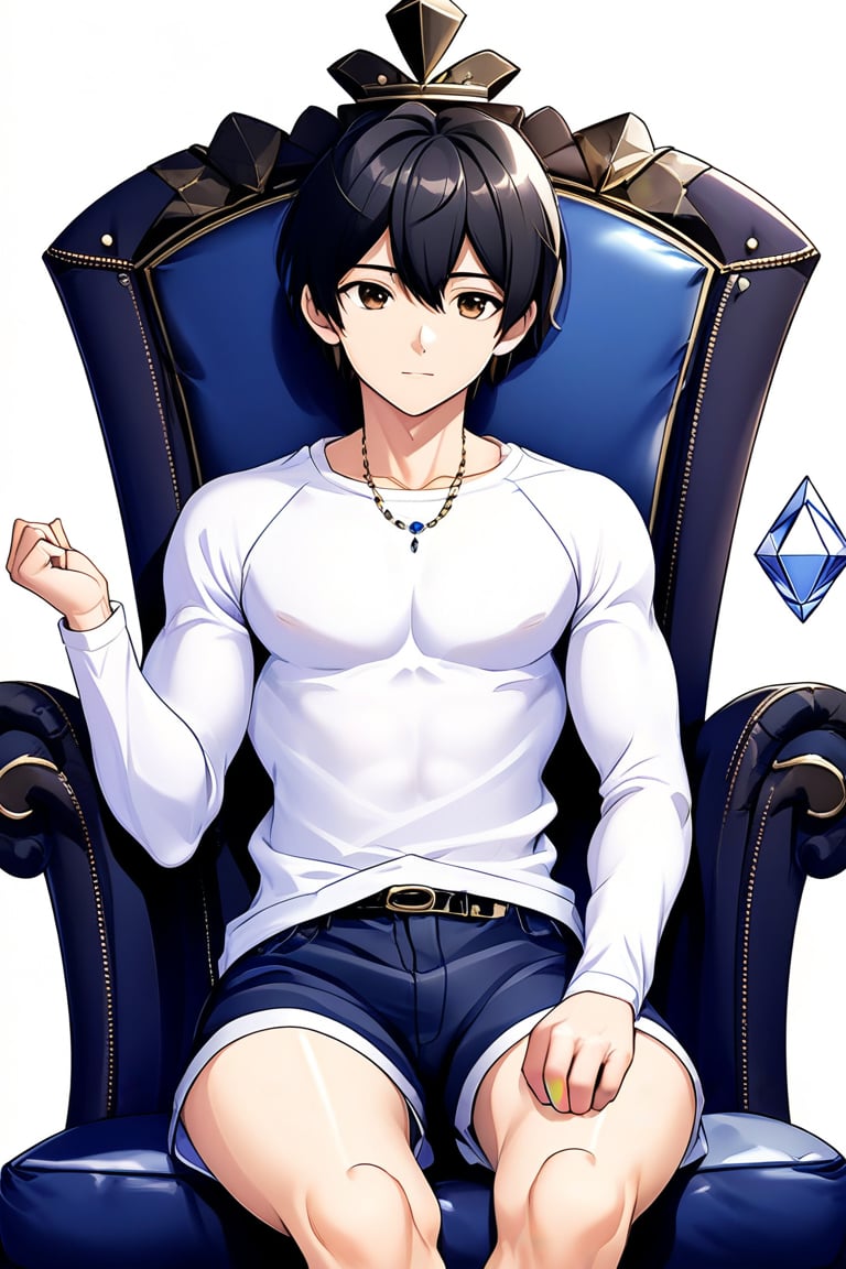 boy, black hair, brown eyes, white long-sleeved shirt, dark blue jean shorts, wearing short white stockings, slim muscles, sitting on a throne made of diamond with legs crossed, anime
