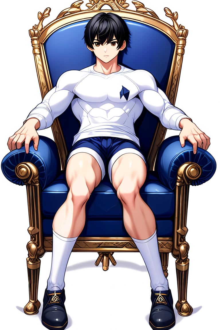 boy, black hair, brown eyes, white long-sleeved shirt, dark blue jean shorts, wearing short white stockings, with slim muscles, sitting on a diamond throne, anime