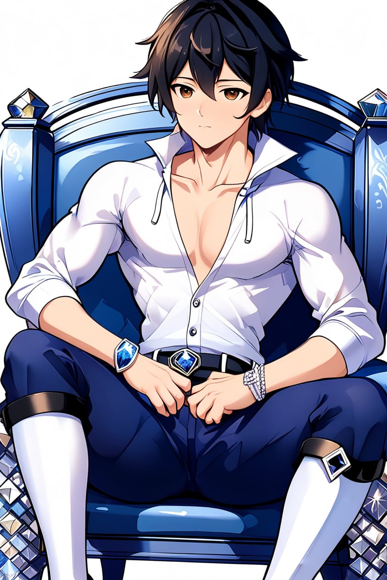 boy, black hair, brown eyes, white long-sleeved shirt, dark blue jean shorts, wearing short white stockings, slim muscles, sitting on a throne made of diamond, anime