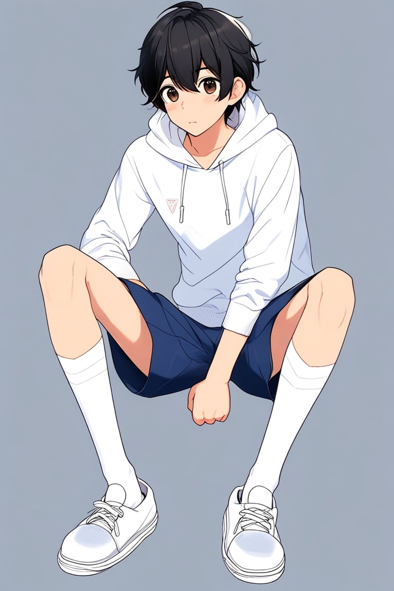 teenage boy, black hair, brown eyes, white sweatshirt, dark blue jean shorts, barefoot with short white stockings, anime