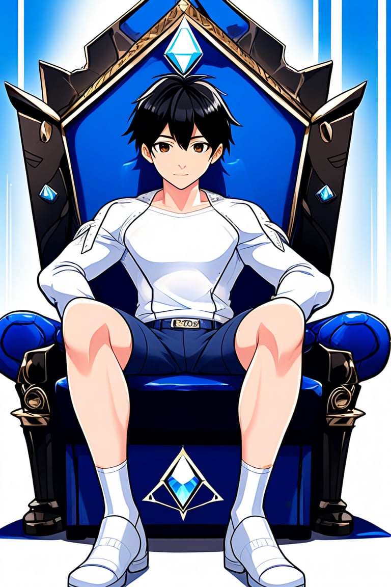 boy, black hair, brown eyes, white long-sleeved shirt, dark blue jean shorts, wearing short white stockings, slim muscles, sitting on a throne made of diamond with legs crossed, anime
