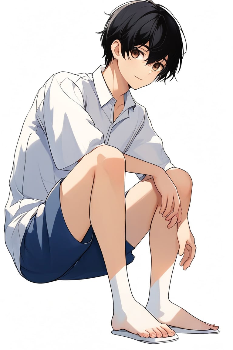 teenage boy, black hair, brown eyes, white shirt, dark blue jean shorts, barefoot with short white stockings, anime