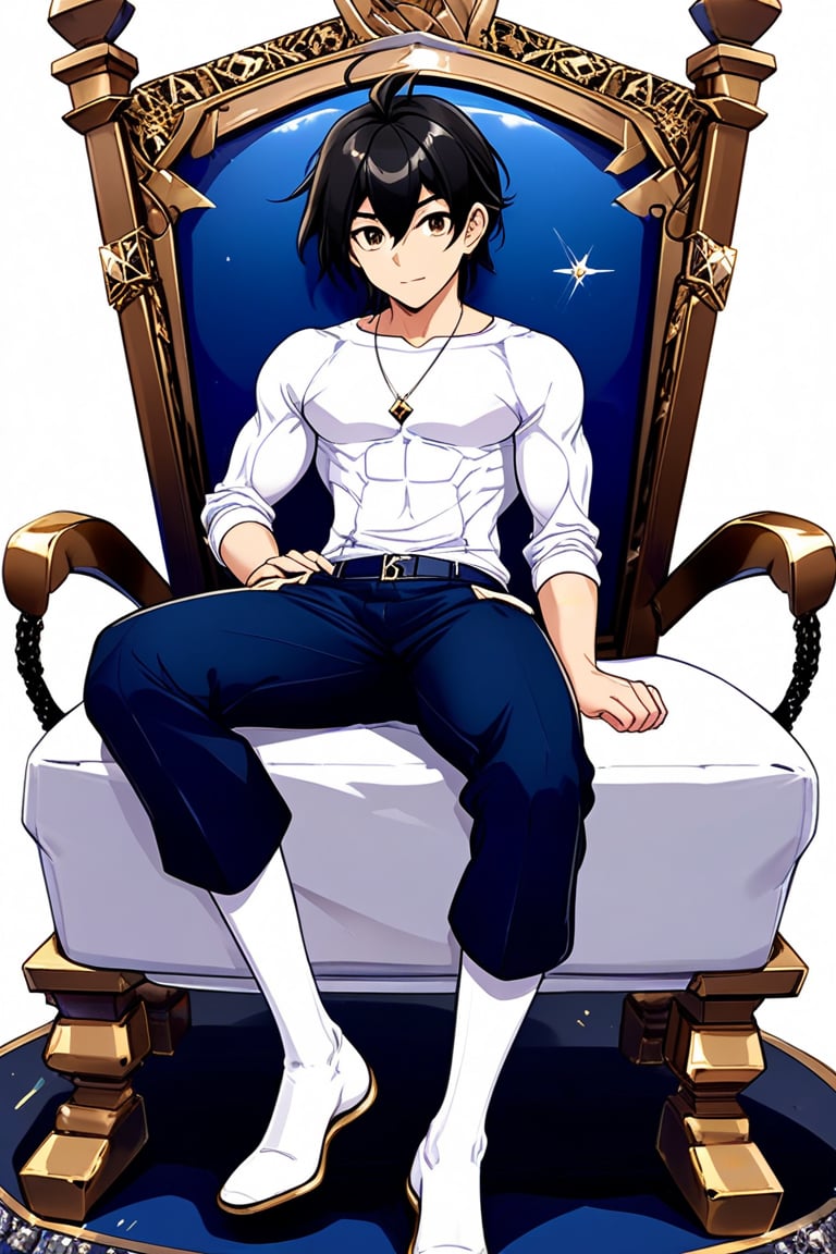 boy, black hair, brown eyes, white long-sleeved shirt, dark blue jean shorts, wearing short white stockings, slim muscles, sitting on a throne made of diamond with legs crossed, anime
