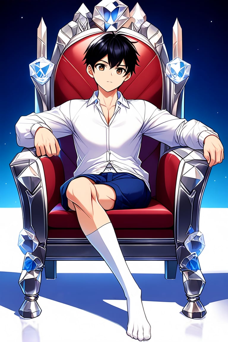 boy, black hair, brown eyes, white long-sleeved shirt, dark blue jean shorts, wearing short white stockings, slim muscles, sitting on a throne made of diamond, anime