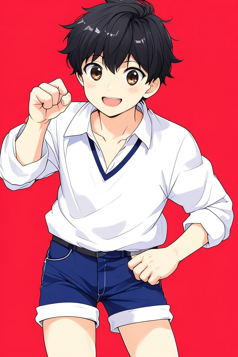 boy, black hair, brown eyes, long-sleeved white shirt, dark blue jean shorts, with short white stockings, with a little muscle, anime