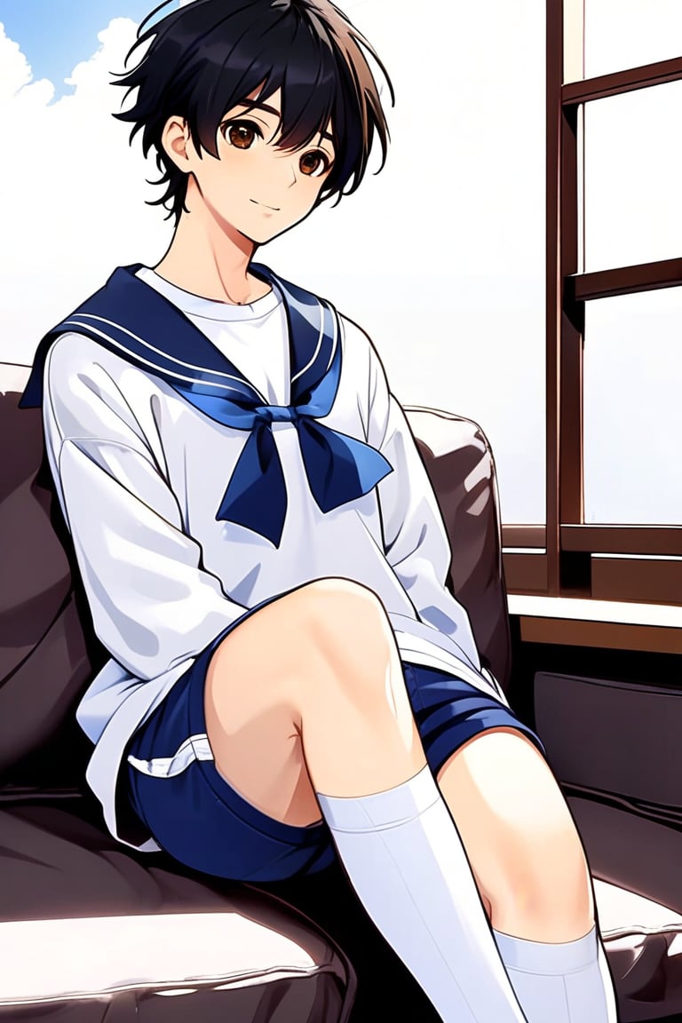 teenage boy, black hair, brown eyes, white long sleeve shirt, dark blue jean shorts, with short white stockings, anime