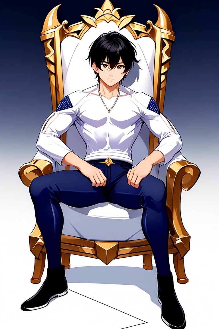 boy, black hair, brown eyes, white long-sleeved shirt, dark blue jean shorts, wearing short white stockings, with slim muscles, sitting on a diamond throne, anime