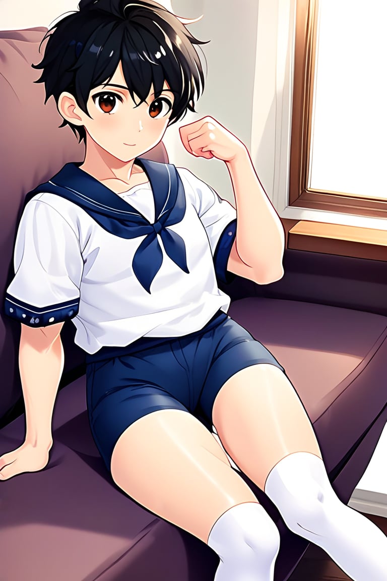 boy, black hair, brown eyes, long-sleeved white shirt, dark blue jean shorts, with short white stockings, with a little muscle, anime