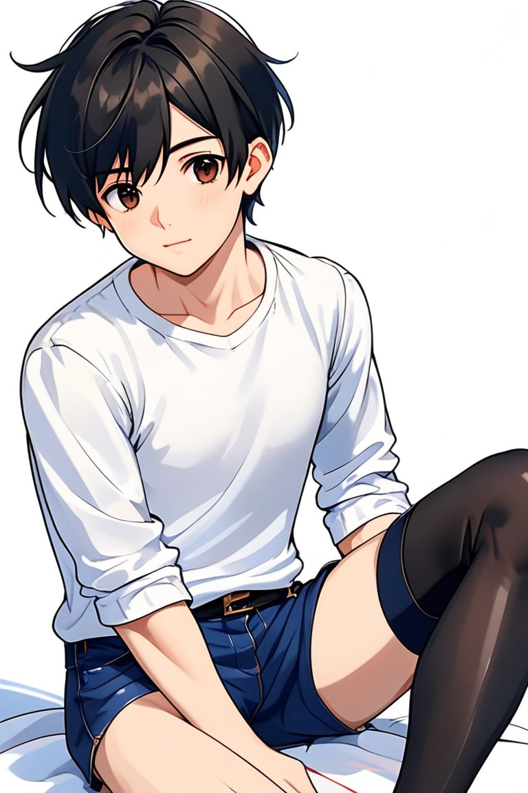 boy, black hair, brown eyes, white long sleeve shirt, dark blue jean shorts, wearing short white stockings, slim muscles, anime